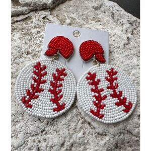 Baseball Earrings Sports Mom Seed Beads Red White